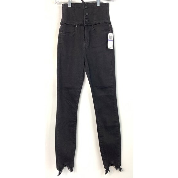Blanknyc Corset High Rise Skinny Black Denim Jeans Raw Shark Bite Hem Sz 26 NWT - Picture 2 of 10